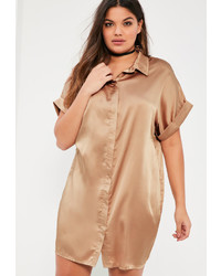 Missguided Plus Size Nude Satin Short Sleeve Shirt Dress