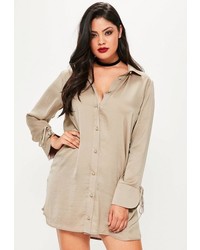 Missguided Plus Size Brown Hammered Satin Shirt Dress