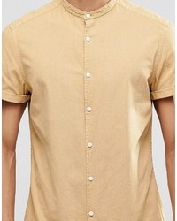 Asos Brand Laundered Shirt In Camel With Grandad Collar In Short Sleeve