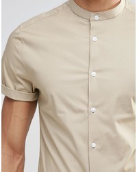 Asos Brand Skinny Shirt In Stone With Grandad Collar And Short Sleeves
