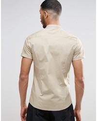 Asos Brand Skinny Shirt In Stone With Grandad Collar And Short Sleeves