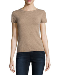 Neiman Marcus Cashmere Short Sleeve Pullover Top Tan