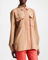 Stella McCartney Piped Silk Crepe De Chine Blouse Military Olive Green