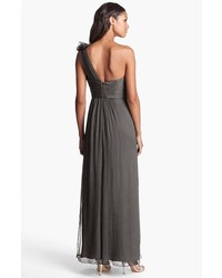 Amsale Illusion Shoulder Crinkled Silk Chiffon Dress Size 6 Grey