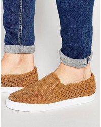 Asos Slip On Sneakers In Tan Perforated Faux Suede