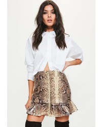 Missguided Petite Brown Snake Print Ring Pull Faux Leather Frill Skirt