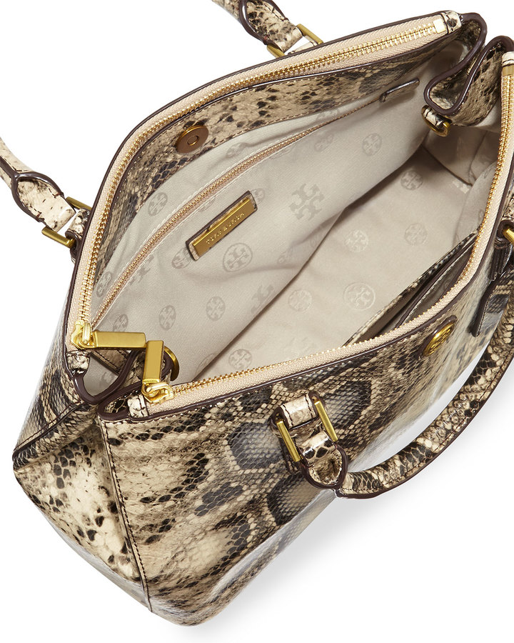 Tory Burch Robinson Mini Snake Embossed Double Zip Tote Bag Natural, $595, Neiman Marcus