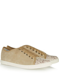 Lanvin Snake Print Leather And Suede Sneakers