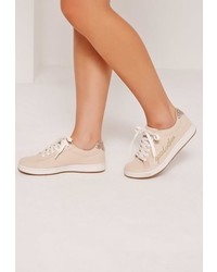 Missguided Good Vibes Embroidered Lace Up Sneakers Nude