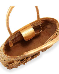 Nancy Gonzalez Panama Floral Cutout Straw Basket Tote Bag Gold Matte