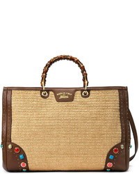Gucci Bamboo Shopper Large Straw Tote With Embroidered Stone Detail Naturalbrown