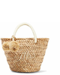 Kayu St Tropez Mini Pompom Embellished Embroidered Woven Straw Tote Sand