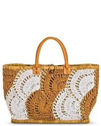 Merona Woven Crochet Pattern Straw Tote Handbag Tan Tm