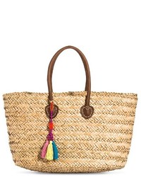 Merona Woven Straw Tote Handbag With Fringe Tassel Tan