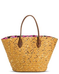 Merona Woven Straw Tote Handbag Withh Sequins And Paisley Interior Tan Tm