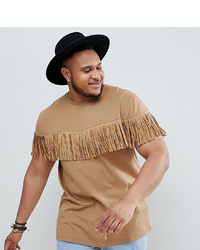 ASOS DESIGN Festival Plus Relaxed Longline T Shirt With Studded Fringing In Tan