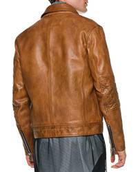 DSQUARED2 Studded Zip Up Leather Jacket Camel