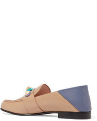 Fendi Rainbow Embellished Collapsible Heel Leather Loafers Beige