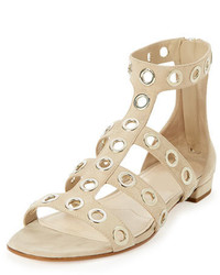 Tan Studded Suede Flat Sandals