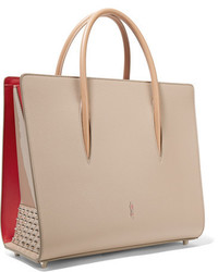 Christian Louboutin Paloma Large Spiked Textured And Patent Leather Tote Beige