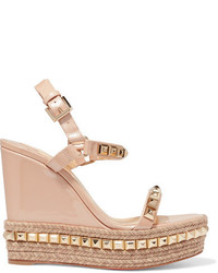 Christian Louboutin Cataclou 120 Studded Patent Leather Wedge Sandals Beige