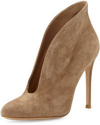 Gianvito Rossi Suede V Neck Ankle Bootie Tan