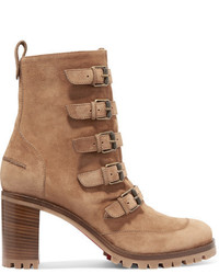 Christian Louboutin Who Walks Buckled Suede Ankle Boots Tan