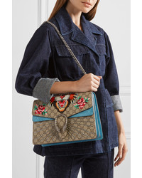 Gucci Dionysus Medium Appliqud Coated Canvas And Suede Shoulder Bag Beige