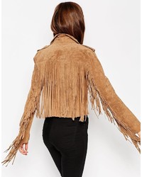 Asos Collection Biker Jacket In Suede With Fringing