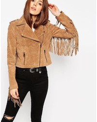 Asos Collection Biker Jacket In Suede With Fringing