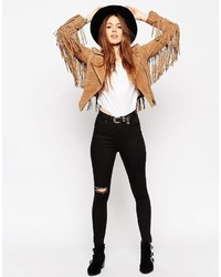 Asos Tall Biker Jacket In Suede With Fringing