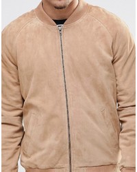 Asos Brand Suede Bomber Jacket In Sand