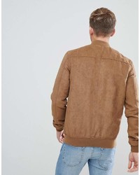 Solid Faux Suede Bomber In Tan