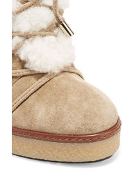 Moncler Shearling Trimmed Suede Wedge Boots Sand