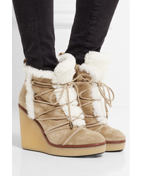 Moncler Shearling Trimmed Suede Wedge Boots Sand