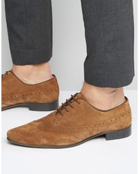 Asos Brand Oxford Longwing Brogue Shoes In Tan Suede