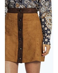 Boohoo Mya Suedette Contrast Trim Button Through Skirt