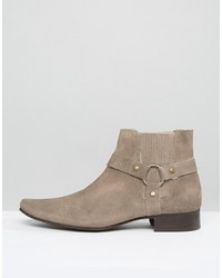 Asos Chelsea Boots In Stone Suede With Pointed Toe And Metal Detail
