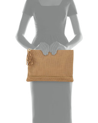 Neiman Marcus Tassel Detailed Perforated Faux Suede Zip Clutch Camel