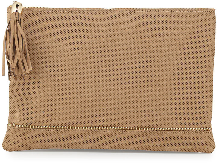 Neiman Marcus Tassel Detailed Perforated Faux Suede Zip Clutch Camel, $65, Last Call by Neiman Marcus