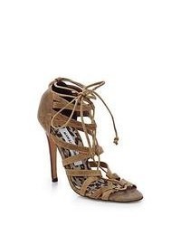 Manolo Blahnik Cipesco Distressed Leather Lace Up Sandals Brown