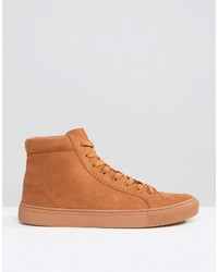 Asos High Top Sneakers In Tan Faux Suede