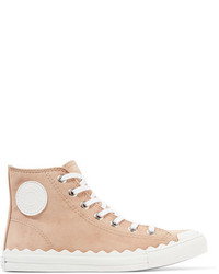 Chloé Leather Trimmed Suede High Top Sneakers Sand