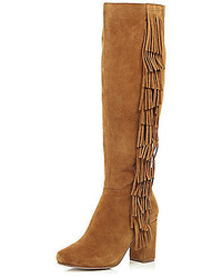 River Island Tan Brown Wide Leg Fit Fringe Knee High Boots