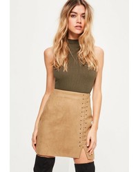 Missguided Nude Whipstitch Split Thigh Faux Suede Mini Skirt
