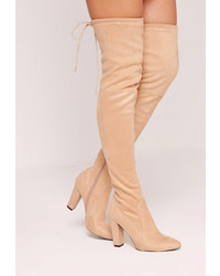 Missguided Nude Faux Suede Over The Knee Heeled Boots