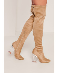 Missguided Nude Faux Suede Over The Knee Perspex Heeled Boots