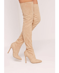 Missguided Nude Faux Suede Pointed Toe Over The Knee Heeled Boots
