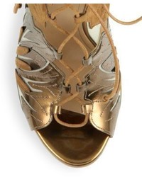 Casadei Laser Cut Metallic Leather Suede Lace Up Sandals