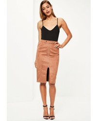 Missguided Brown Faux Suede Tab Detail Zip Front Midi Skirt